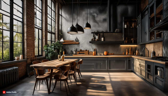 Firefly tavolo da pranzo con le sedie in una cucina industrial, colori scuri 44832